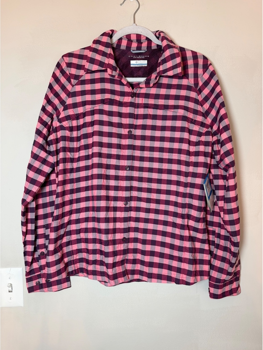 Columbia Women's XL Long Sleeve Omni-Shade Sun Protection Plaid Shirt Pink. NWT